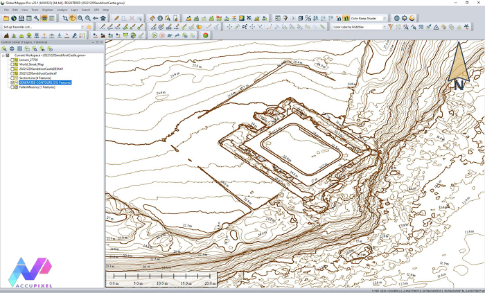 Contour line layer in Global Mapper highlighting the cliff and Sandsfoot castle