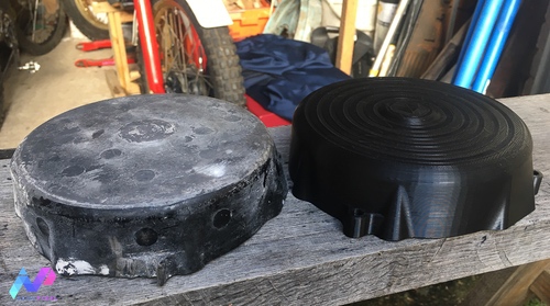 On the left the original magnesium alloy casting, Note the damaged mounting lug in the foreground. On the right a PLA 3D printed sample for fit/form validation.